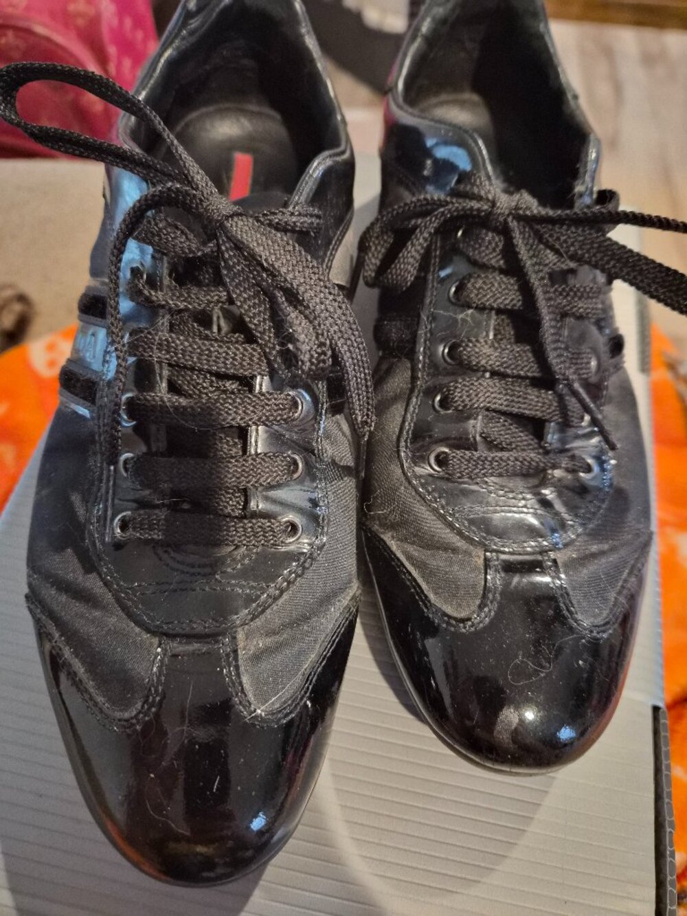 Prada Nylon Lux Glam Patent Leather Sneakers Black EU 38 w/ Box & Receipt